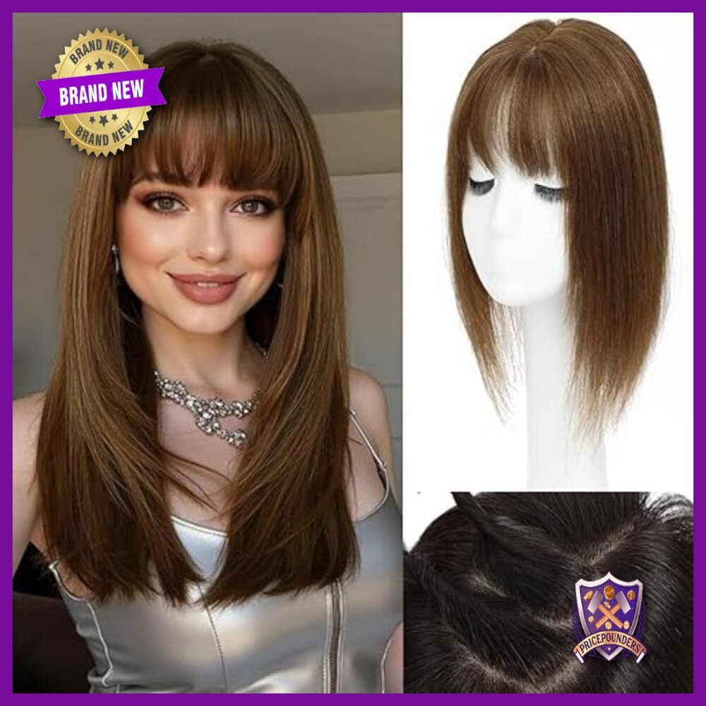 Human Hair Topper with Wispy Bangs for Thinning Crown, 18 Inch Length